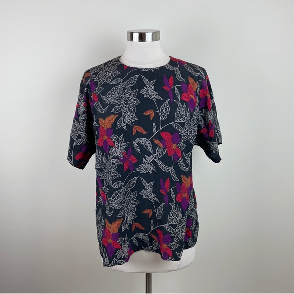 Vintage Innervisions By Ship N Shore Black Purple Floral Blouse Top Women 14 - Picture 1 of 7